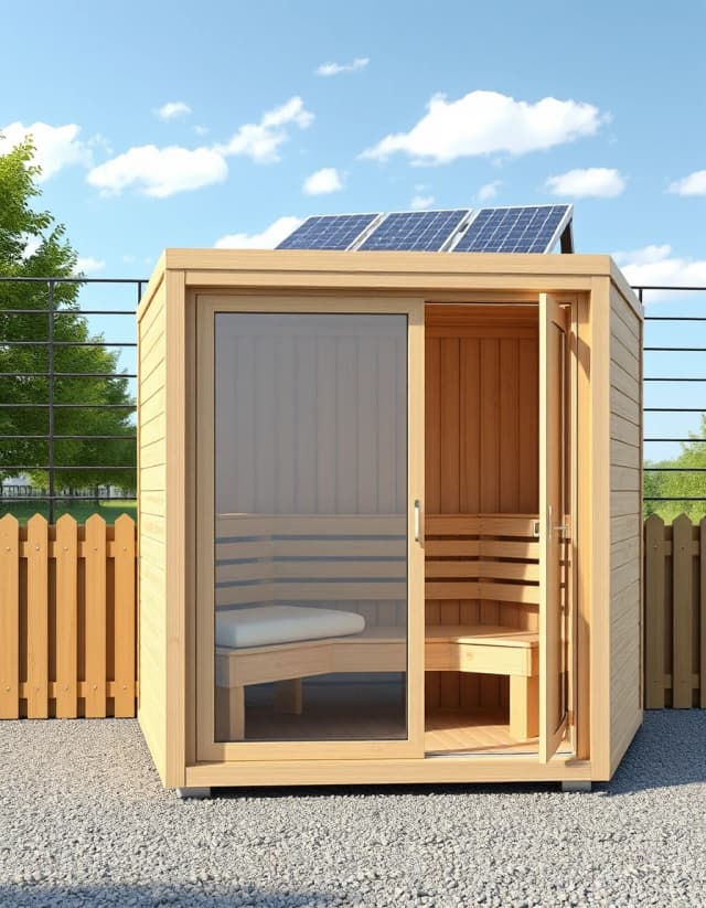 Vertical presentation of a minimalist wooden sauna cube house, light timber finish, glass wall, solar panels, clear sky background, photorealistic texture.