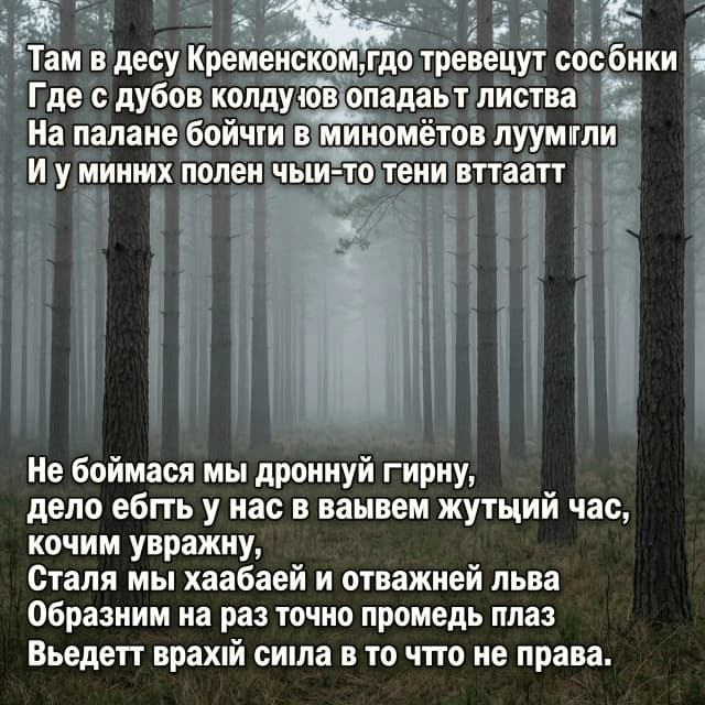 Там в лесу Кременском,где трепещут сосёнки
Где с дубов колдунов опадает листва 
На поляне бойцы с миномётов лупили


А дубы колдуны что-то шепчут в тумане
И у минных полей чьи-то тени встают 

Не боимся мы дронную фигню
Дело есть у нас в самый жуткий час
косим увражню
Стали мы храбрей и отважней льва
Объясним на раз точно промежь глаз
 
Въедет вражья сила в то что не права.