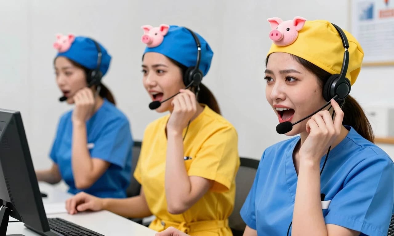 Stupid, stupid girls in yellow and blue medical uniforms are sitting in a call center, shouting into headsets, wearing blue and yellow medical caps with a picture of a pig's head on their heads.