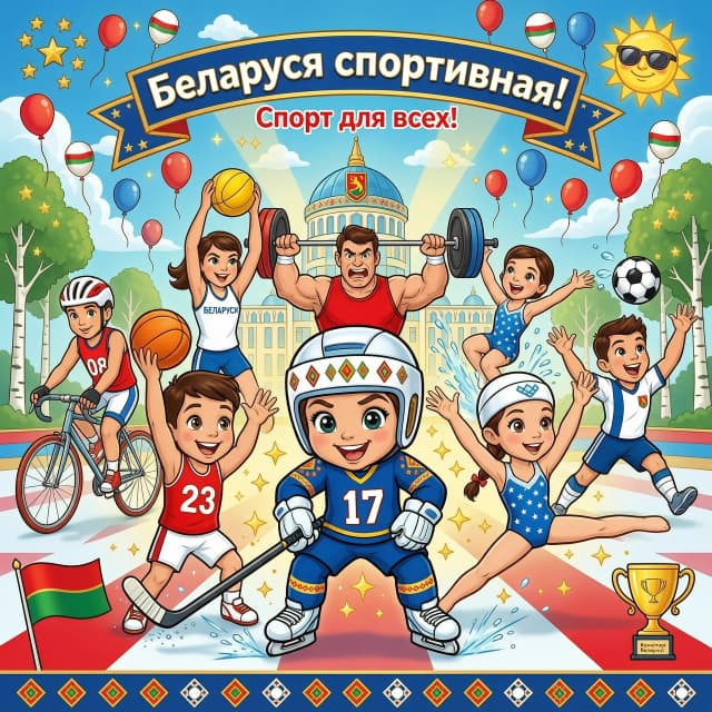 Картинка для детей "Беларусь спортивная". Разные элементы спорта в стиле дисней