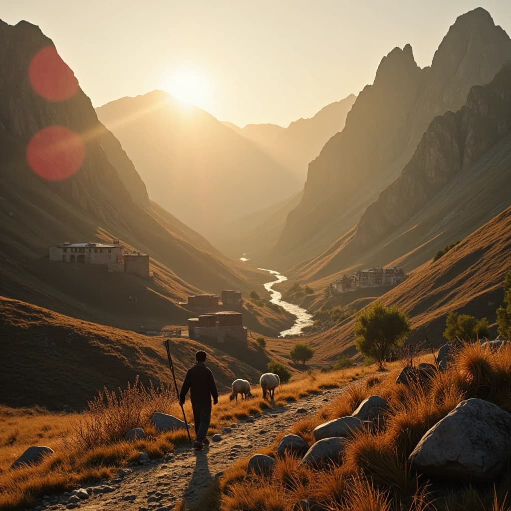 Cinematic wide-angle shot of Zafarobod mountain village at sunrise. Dramatic golden light breaking over jagged peaks, long shadows across the valley. Traditional stone houses with flat roofs clustered on a hillside, narrow winding paths, a small river flowing through the village. In the foreground: a young shepherd with a staff and a few sheep, silhouetted against the rising sun. Dry grass, scattered rocks, a few hardy mountain trees. Atmospheric haze, volumetric light rays, soft lens flare. Rich earthy tones: warm ochre, deep brown, muted green, golden highlights. High detail, photorealistic textures, 8k quality, dramatic composition, deep depth of field. White background not needed — full landscape.