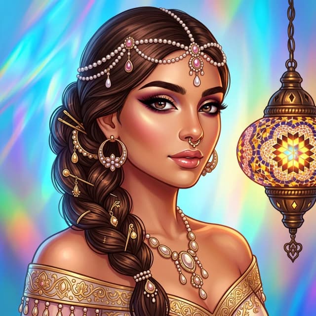 The picture shows a woman in an oriental style, made using digital illustration techniques.
Description of the character. Clothes. She is wearing an off-the-shoulder dress decorated with gold ornaments and patterns. Hairstyle. Her hair is dark brown, gathered in a complicated braid at the nape of her neck. It is reinforced with a tiara of pearls and pink stones. Decorating. A tiara with pendants. Hoop earrings with floral motif and stones. Nose ring (septum). A long necklace with large elements and pendants. Gold hairpins and pendants in her hair. Make—up: the center is made on the eyes - expressive arrows and shadows. The lips are covered with gloss. Background: bright abstract background with iridescences of blue color. A lamp with a mosaic pattern resembling traditional Arabic motifs is visible on the right.
 In general, the image resembles a fairy-tale princess or a dancer from oriental legends. (Style):fantasy, fairy tale, India festival of lights, gave, lamp, double exposure, close-up, portrait, high quality, gradient, grace. Interior light, 4k, intricate details.