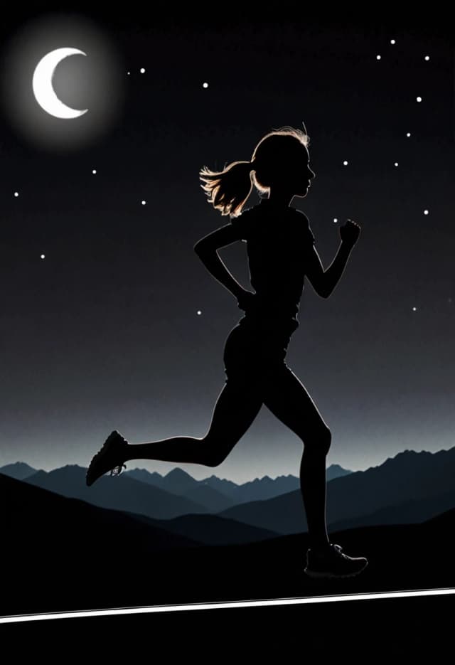 black background, horizontal white line, silhouette of a girl, a thin white line in profile, running along a white line. There are mountains against the background, and the moon is above them.