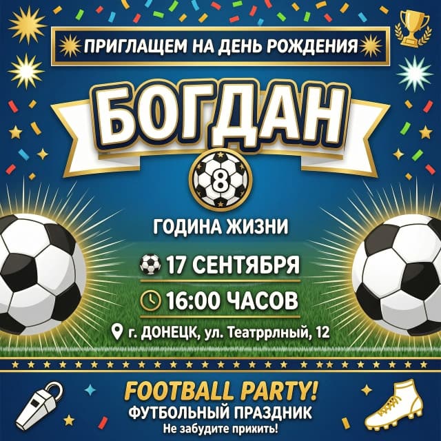 приглашение на детский день рождения. Приглашаем на 8 летие Богдана 17 сентября в 16.00 г.Донецк пер.Театральный 12 в стиле фотбольном