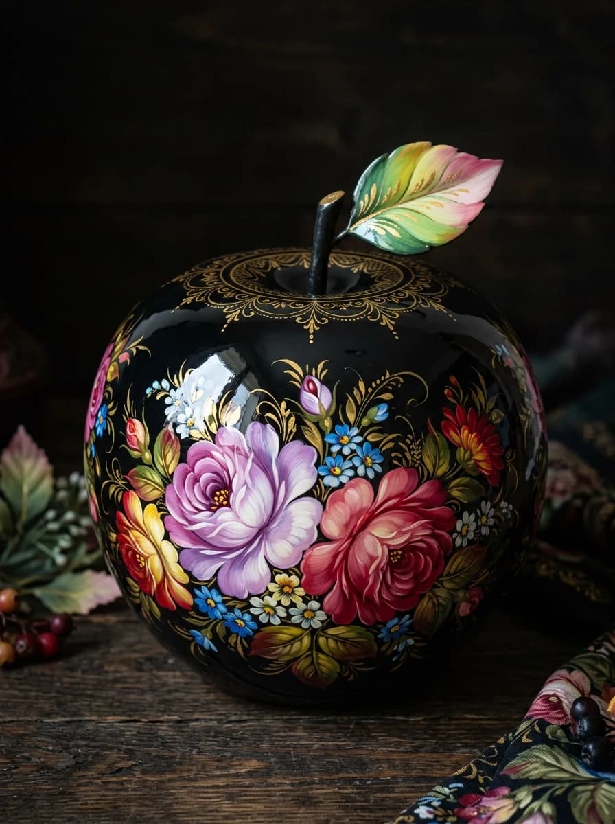 An unusual apple. Big, black, glossy. With a gloss, as if covered with black lacquer. The apple is decorated with floral patterns in the style of Zhostovo painting: bright large flowers (pink, lilac, crimson) combined with small blue, white and yellow. Complex color transitions: from white to purple, from yellow to red, from pink to crimson. Surrounded by leaves with a transition from green to yellow and from light green to pink. Thin golden lines and patterns near the apple stalk. The leaf on the stem is also made in the style of Zhostovo painting. On a dark background with unusual shadows,