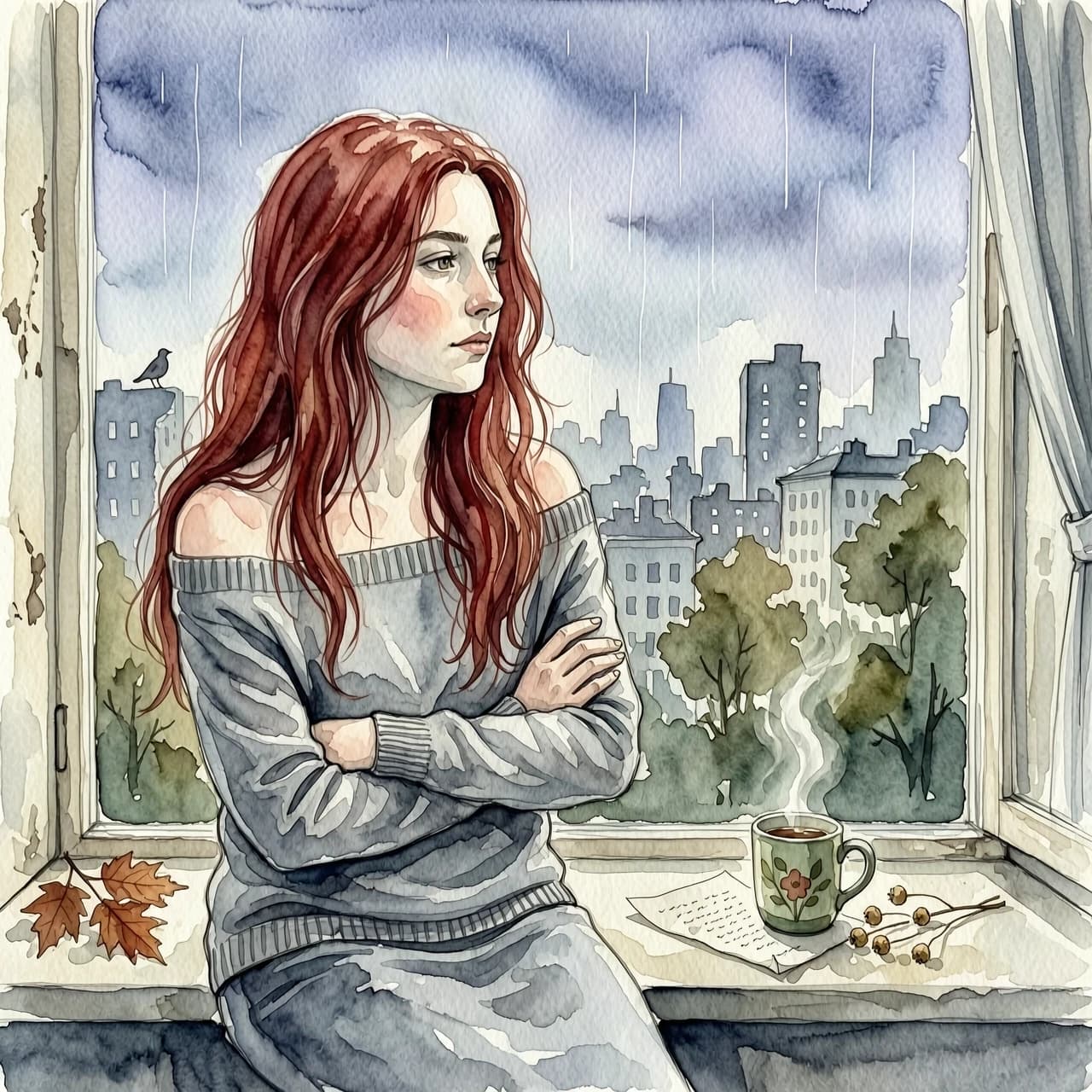 The image is a portrait of a young woman with long red hair. She is sitting on a window sill, looking out with a thoughtful expression on her face. The woman is wearing a gray off-the-shoulder sweater and her arms are crossed over her chest. The background is blurred, but it appears to be a cityscape with buildings and trees. The overall mood of the image is somber and contemplative. The image has a watercolor-like quality, giving it a soft and dreamy feel.
