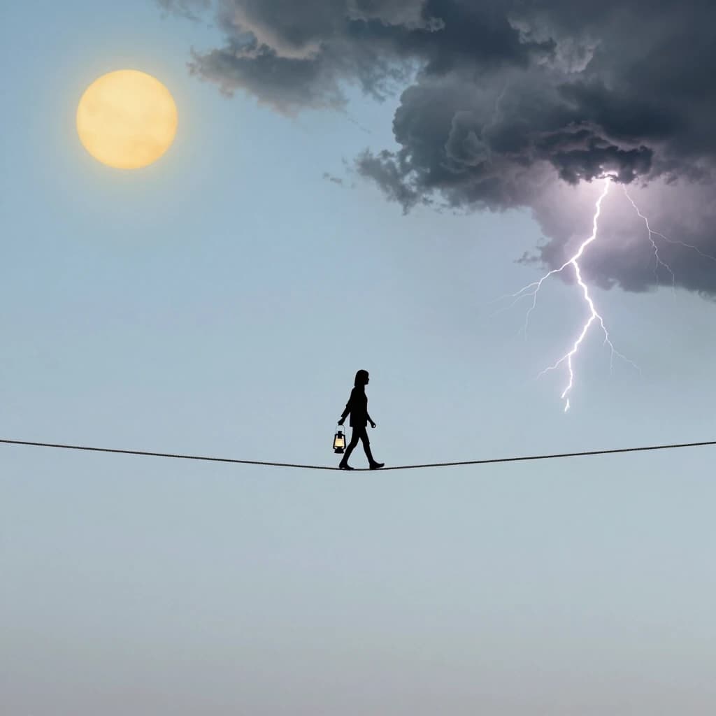Minimalist conceptual fine art photography of a lone silhouette of a person walking on a thin tightrope stretched across a vast empty sky. The sky is split exactly in half: on the left side, there is a bright golden sun and clear blue sky (joy), on the right side, there are dark heavy storm clouds with lightning (anger/sadness). The person carries a lit vintage lantern in one hand and a folded umbrella in the other, walking cautiously but calmly towards the center, symbolizing the constant balancing act between intense feelings and controlled calmness. The composition has vast empty space around for text. Peaceful, philosophical, dreamy, pastel colors blending with dark greys, surreal atmosphere, 4:5 aspect ratio.