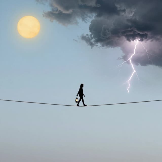 Minimalist conceptual fine art photography of a lone silhouette of a person walking on a thin tightrope stretched across a vast empty sky. The sky is split exactly in half: on the left side, there is a bright golden sun and clear blue sky (joy), on the right side, there are dark heavy storm clouds with lightning (anger/sadness). The person carries a lit vintage lantern in one hand and a folded umbrella in the other, walking cautiously but calmly towards the center, symbolizing the constant balancing act between intense feelings and controlled calmness. The composition has vast empty space around for text. Peaceful, philosophical, dreamy, pastel colors blending with dark greys, surreal atmosphere, 4:5 aspect ratio.