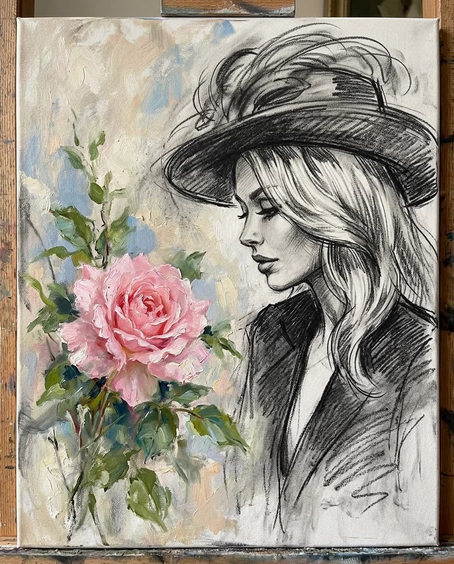 A real masterpiece. How artificial intelligence would depict: ((Aesthetics: Impressionism. An image of a delicate pink rose, made in pastel technique, and next to it sits a glamorous woman in a hat, in the form of a sketch drawn in black charcoal)). Close-up. High resolution. High quality. Increased attention to small details. Hyperrealistic style of surrealism, impressionism. Increased attention to the smallest details and texture of blonde hair and vividly outlined black charcoal images of a woman. The author is Auguste Renoir, Vrubel.