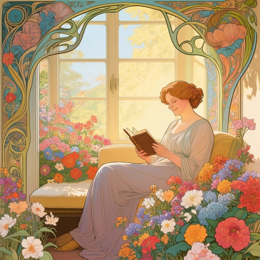 A woman sits in a sun-drenched window seat, surrounded by an abundance of vibrant, blooming flowers. She is reading a book, a gentle smile on her face. The style is reminiscent of Art Nouveau, with flowing lines, organic shapes, and a rich, decorative quality. Think Alphonse Mucha meets a cozy reading nook.