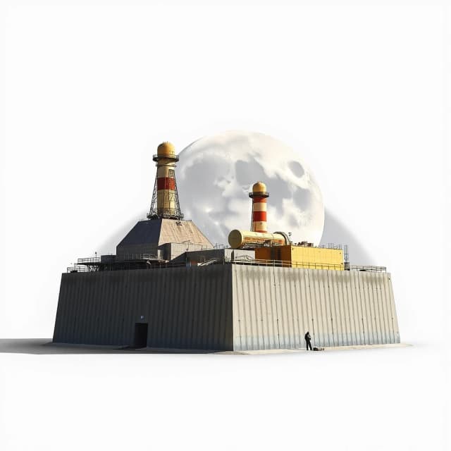 An award-winning professional photograph set against a pristine white background. A masterpiece, truly beautiful. A nuclear power plant on the Moon.