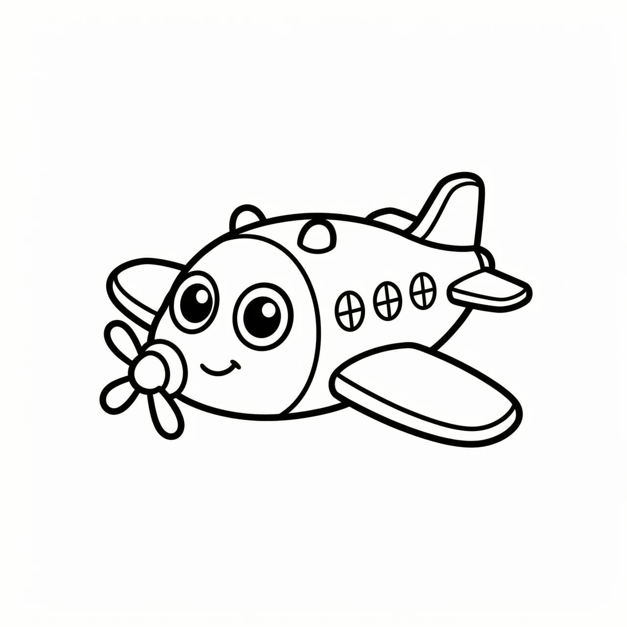 линейный рисунок, контур, раскраска, чёрно-белый,
мультяшный стиль, простые формы, самолетик с глазами, без фона, без цвета, без теней, без реалистичного стиля, без
фона, без текста, без размытия