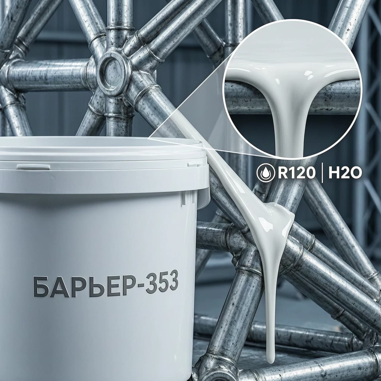 Extreme close-up, macro photography of a professional industrial setting. A sleek, white high-density plastic bucket with a minimalist, high-tech embossed logo reading "БАРЬЕР-353" sits in the foreground. From the bucket, a thick, viscous layer of advanced polymer coating is being applied onto a complex, intricate steel truss structure (metal node). The lighting is cinematic and sharp, highlighting the industrial textures. A high-detail macro inset bubble shows a microscopic view of the coating: the material maintains a perfect, sharp, non-drip edge, demonstrating extreme thixotropy and structural integrity without any sagging or droplet formation. Next to the application point, clean, modern technical icons for "R120" and "H2O" (water resistance symbol) are integrated into the frame. Hyper-realistic texture, 8k resolution, industrial product photography style, cool color palette with metallic highlights, sharp focus on the coating's consistency, volumetric lighting.