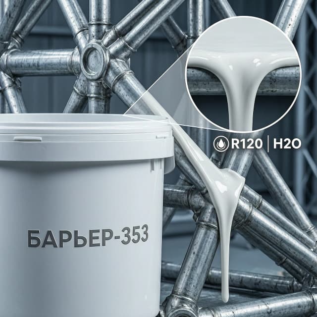 Extreme close-up, macro photography of a professional industrial setting. A sleek, white high-density plastic bucket with a minimalist, high-tech embossed logo reading "БАРЬЕР-353" sits in the foreground. From the bucket, a thick, viscous layer of advanced polymer coating is being applied onto a complex, intricate steel truss structure (metal node). The lighting is cinematic and sharp, highlighting the industrial textures. A high-detail macro inset bubble shows a microscopic view of the coating: the material maintains a perfect, sharp, non-drip edge, demonstrating extreme thixotropy and structural integrity without any sagging or droplet formation. Next to the application point, clean, modern technical icons for "R120" and "H2O" (water resistance symbol) are integrated into the frame. Hyper-realistic texture, 8k resolution, industrial product photography style, cool color palette with metallic highlights, sharp focus on the coating's consistency, volumetric lighting.