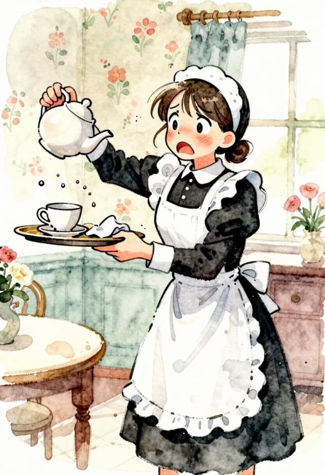 Watercolor illustration with ink outlines, soft pastel palette, gentle lighting. A young, slightly flustered maid in a classic white apron and cap is caught mid‑motion: she’s reaching for a teapot that’s tipping over, and a few droplets splash into the air. A tray with a crooked cup and saucer leans to one side, and a napkin has slipped off the edge. Her expression is a mix of panic and determination, eyes wide, cheeks flushed with effort. In the background, a cozy parlor with a floral wallpaper and a window letting in soft daylight. The style is loose and airy, with visible brushstrokes and watery blends; the mood is warm and forgiving, emphasizing her good intentions over the mess.