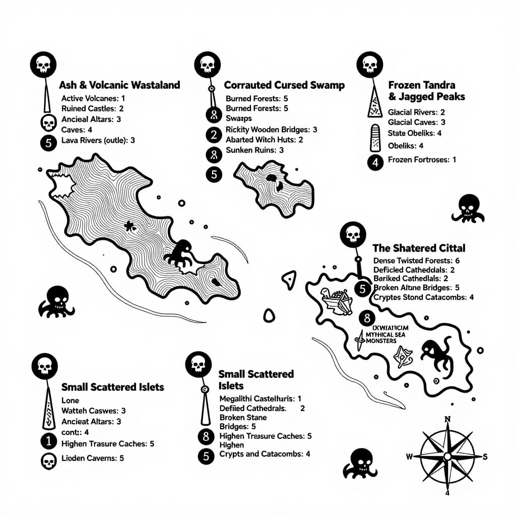 2D top-down vintage nautical map for laser engraving, ultra-thin black outlines on a pure white background, no fills, no shading, clean line art. Grim dark fantasy style inspired by Tainted Grail. The layout consists of 5 main large islands and 10 scattered small islets. Map markers, stamps, and points of interest are detailed below with their counts: [Island 1: Ash & Volcanic Wasteland] - Active Volcanoes: 1 - Ruined Castles: 2 - Ancient Altars: 3 - Caves: 4 - Lava Rivers (outlines): 3 [Island 2: Corrupted Cursed Swamp] - Burned Forests: 5 - Swamps (contour lines): 4 - Rickety Wooden Bridges: 3 - Abandoned Witch Huts: 2 - Sunken Ruins: 3 [Island 3: Frozen Tundra & Jagged Peaks] - Glacial Rivers: 2 - Glacial Caves: 3 - Stone Obelisks: 4 - Frozen Fortresses: 1 [Island 4: Overgrown Ancient Jungle] - Dense Twisted Forests: 6 - Overgrown Temples: 2 - Rope Bridges: 4 - Sacrificial Altars: 3 - Hidden Caverns: 5 [Island 5: The Shattered Citadel] - Megalithic Castle Ruins: 1 - Defiled Cathedrals: 2 - Broken Stone Bridges: 5 - Crypts and Catacombs: 4 [Small Scattered Islets] - Lone Watchtowers: 3 - Shipwrecks (contour): 4 - Hidden Treasure Caches: 5 [Sea and Maritime Markers] - Mythical Sea Monsters (Kraken, Leviathan silhouettes): 4 - Vintage Compass Rose: 1 - Dark Fantasy Runes & Coordinates: 8 - Warning Skull Stamps: 5 All elements are drawn as clean, hollow vector-like lines. No grayscale, no solid black coloring inside shapes, absolute high-contrast engraving layout.