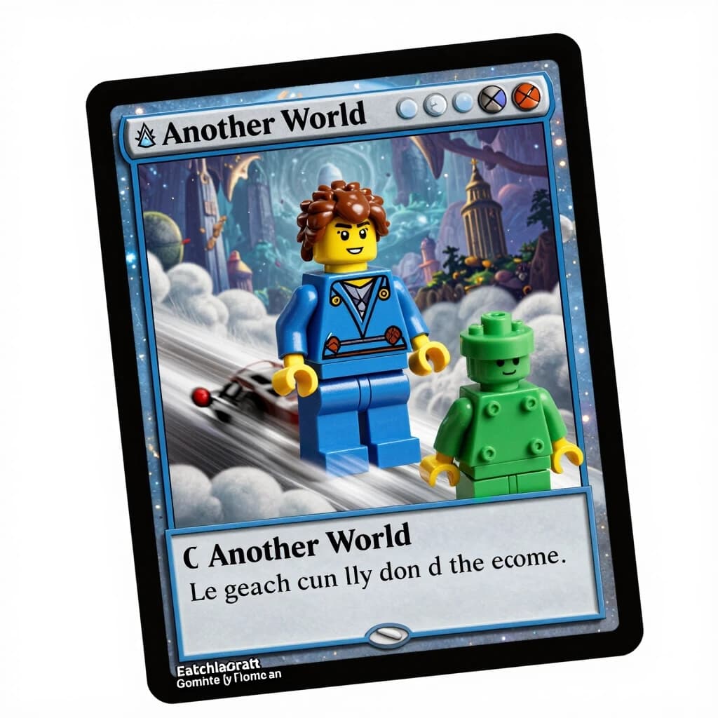 "Another World" is a card account. A car speeds through the clouds. The Lego model depicts a green man. The image is from a card game called MAGIC. The card depicts a man in blue clothing. The Magic card is being assembled. The image is from the card game. An image of a Wizard card.