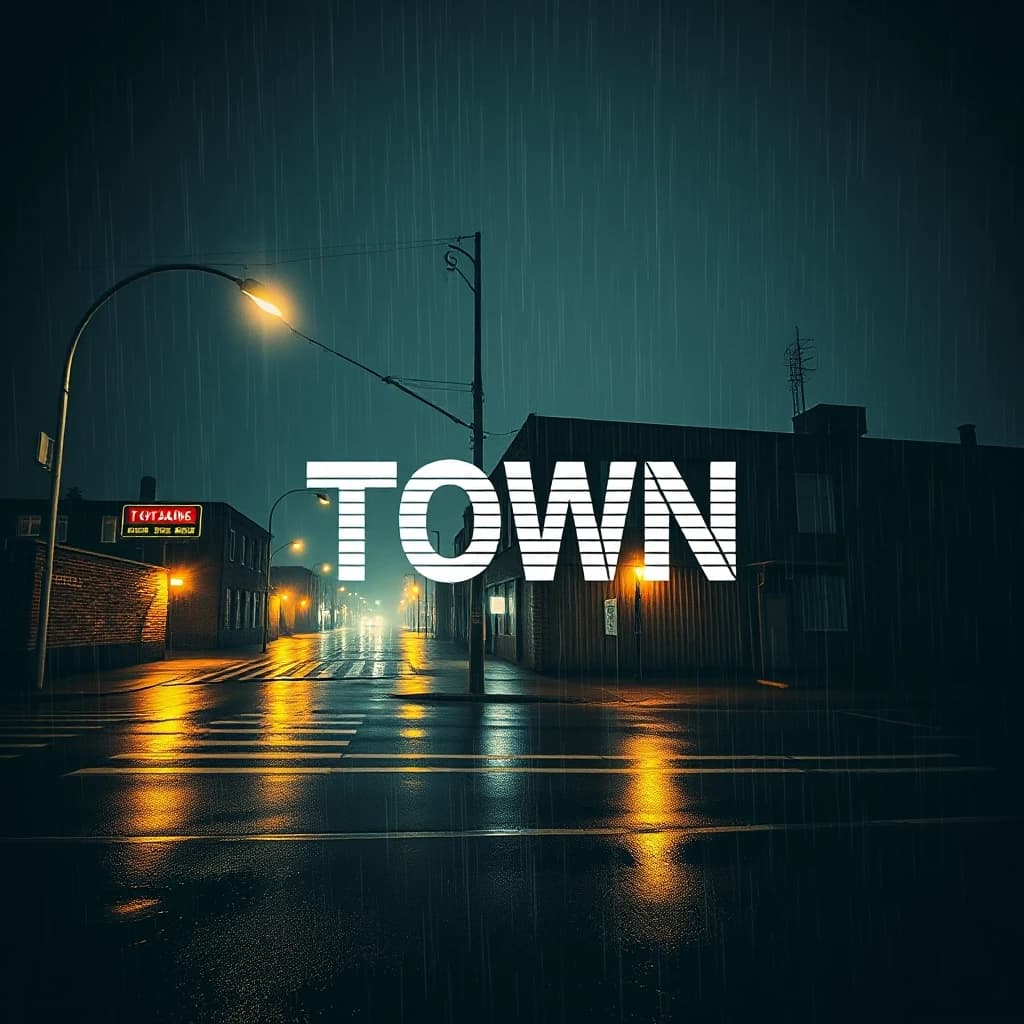 Album cover for a phonk track titled "Town", 1024x1024 pixels. Cinematic view of a menacing Eastern European or American industrial city skyline at 3 AM under heavy rain. A single old-fashioned streetlamp casts harsh pools of warm yellow light on the empty intersection. Thick mist rises from the sewers. In the center of the composition, integrated into the environment like a hologram or spray-painted ghost on a brick wall, is the title "TOWN" in distorted retro cyberpunk font. Gritty lo-fi texture, heavy film grain, VHS scanlines, chromatic aberration, high contrast cinematic lighting, cold shadows — ar 1:1 — style raw