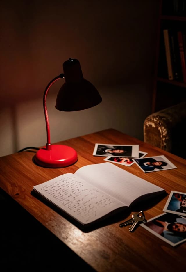 Realistic interior shot, 50mm lens, f/2.8, low‑key lighting. A dimly lit room: the only strong light source is a small red desk lamp casting a warm crimson glow across the desk. On the surface, there’s a half‑open notebook with hurried handwriting, a few scattered photos, and a key lying beside them — a quiet clue to an unfolding story. The lamp’s shade is slightly tilted, creating sharp shadows and deep red highlights on the paper. Behind, the rest of the room fades into darkness, with just enough detail to see a worn armchair and a bookshelf out of focus. The light emphasizes texture: grain of the wood desk, fibers of the paper, slight smudges on the key. Mood: intimate, mysterious, slightly tense — as if someone just left the room.
Keywords: red desk lamp, moody interior, clue objects, realistic textures, dramatic shadows, suspenseful atmosphere, documentary‑style realism, sense of narrative.