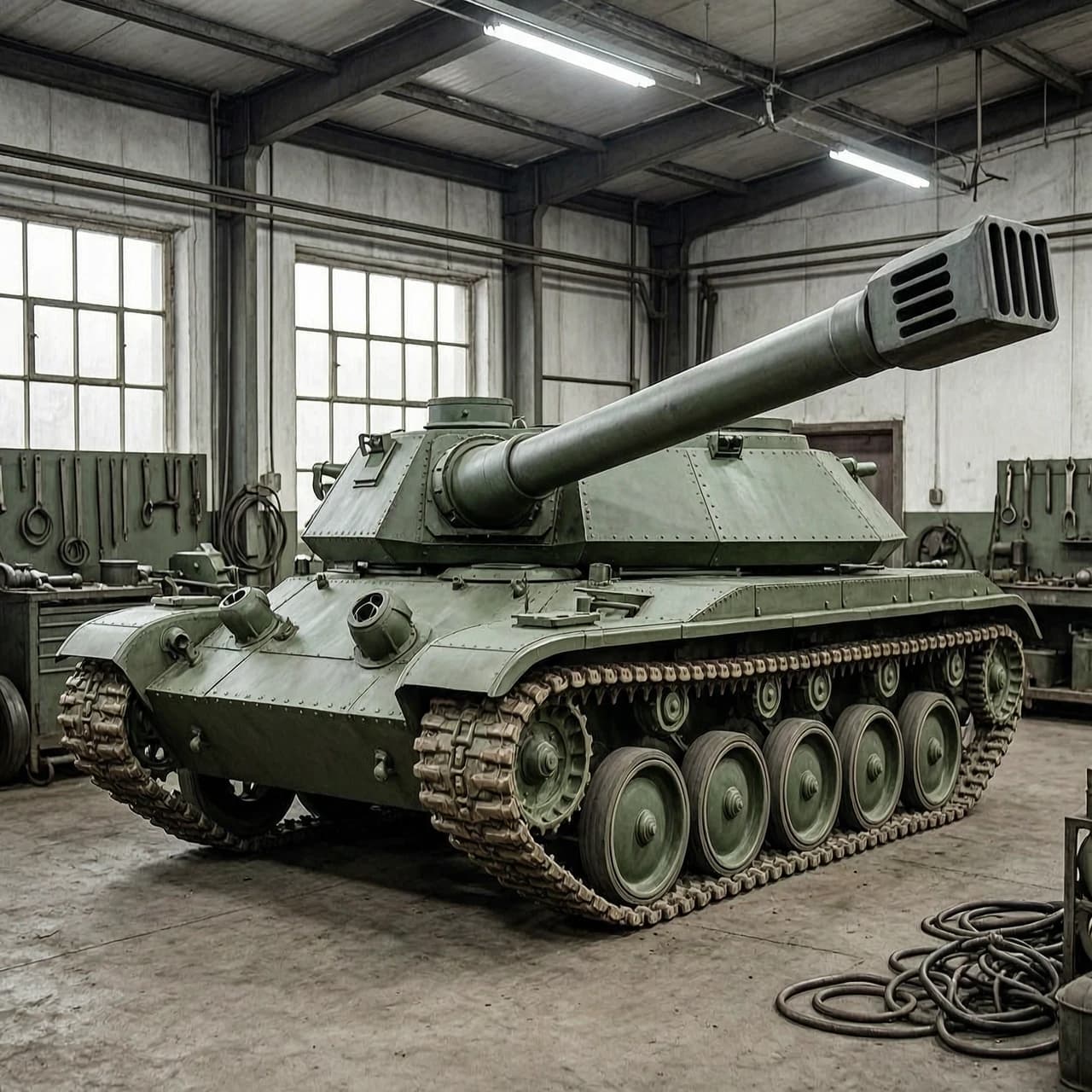 Military historical photo of a Soviet experimental tank destroyer from 1950s. The chassis is a modified low-profile T-44 tank hull but with the engine in the front. A massive, heavy, elongated armored turret is strictly mounted at the very rear of the hull (rear-turret design like Object 268 Version 4). An incredibly long, straight, slender 152mm gun barrel exits the turret and stretches far forward over the entire hull, ending with a large rectangular multi-slot muzzle brake. Standard Soviet dark green paint, photorealistic, standing inside a military garage workshop.