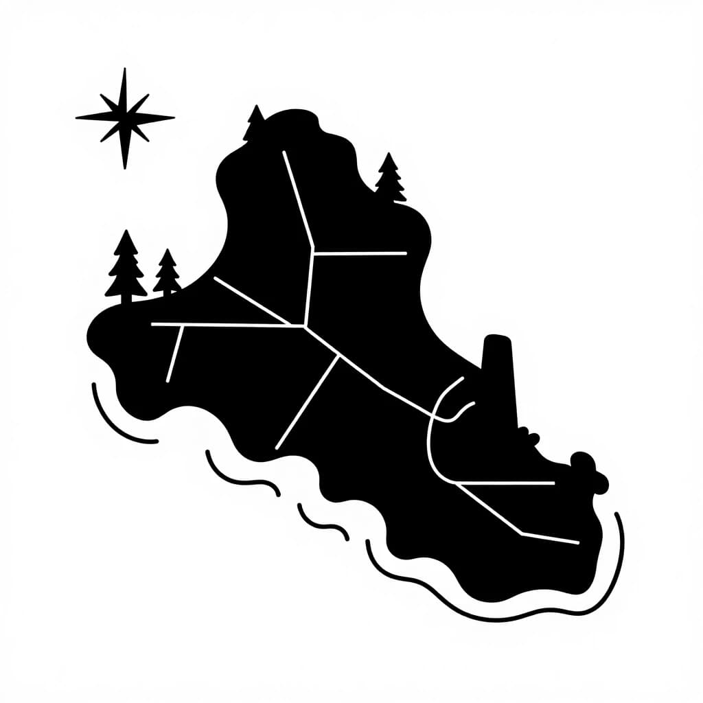 Flat top-down nautical map vector design, black and white stencil art of a dark fantasy island, Tainted Grail style. Clear overhead view of an isolated mysterious island coastline. Includes a minimalist compass rose, simple sea wave lines, and clean cartography grid lines. Sharp black silhouettes of forests and ancient stones on a pure white background. High contrast, clean black lines, solid shapes, no shading, no gradients.