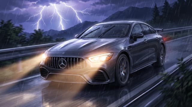 Mercedes-Benz AMG GT 63 S, едет по ночной дороге, эпичный ракурс, горящие фары, на фоне молнии, шедевр, крупный план, стиль аниме с реалистичными деталями