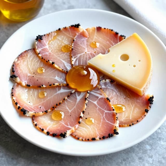 scetch of sliced carpaccho and cheese with honey on a plate