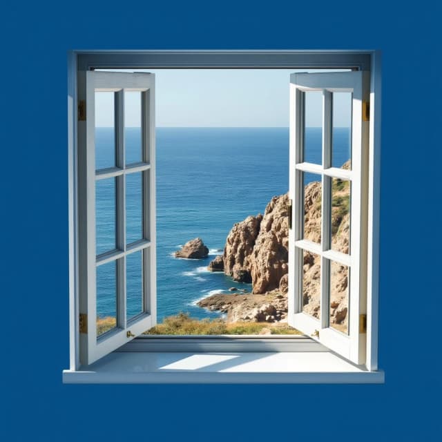 Create an image of an open blue window overlooking the sea in the style of Wes Anderson with high detail