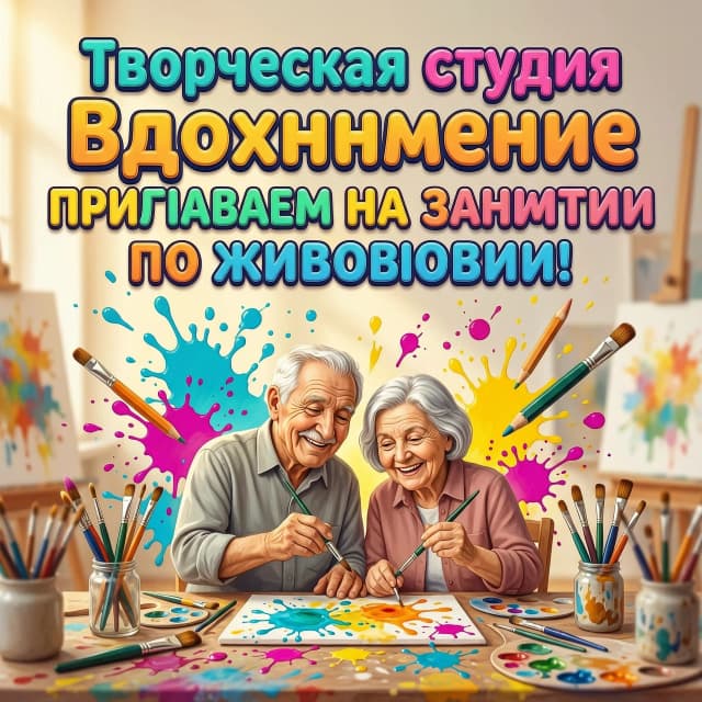 Graphic design poster for a creative studio. At the top, large, bold, playful, and vibrant 3D typography reads: "Творческая студия Вдохновение ПРИГЛАШАЕМ НА ЗАНЯТИЯ ПО ЖИВОПИСИ!". The font is colorful, with a glossy texture and soft shadows to create depth. 

The central visual block features a heartwarming, high-detail digital painting of an elderly man and an elderly woman sitting side-by-side, joyfully engaged in a painting session. They have warm, expressive faces, gentle wrinkles, and bright, happy eyes, radiating a sense of fulfillment and creative flow. They are surrounded by an explosion of artistic elements: dynamic splashes of bright acrylic paint in turquoise, magenta, and sunny yellow, floating wooden pencils, professional paintbrushes, and messy palettes. 

The composition is dynamic and balanced, with a shallow depth of field that keeps the characters and text in sharp focus while the colorful paint splashes create a soft, bokeh-like background. Lighting is warm, bright, and cinematic, mimicking a sun-drenched art studio with soft rays illuminating the textures of the canvas and the joyful expressions of the artists. The overall mood is inspiring, energetic, and cozy. High-quality digital art style, smooth brushwork, vibrant color palette, 8k resolution.