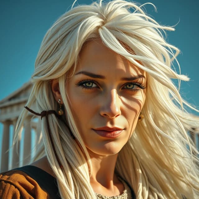 designed by Kurt Busiek, Pascale Campion, reeds and roots, close up of a Cool Old thin Persian (Female Swashbuckler:1.3) , her hair is White, Ultrarealistic The Parthenon in background, Summer, Cinestill, compact camera, F/1.8, complementary colors, realistic dynamic face, natural skin texture, womanly, fertile, theatrical, imposing, sublime, detailed, original
