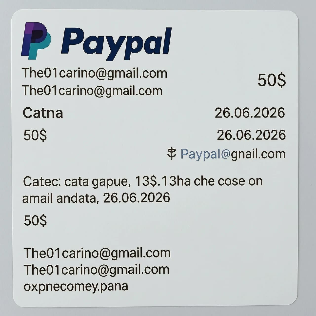 Скриншот счета Paypal по адресу The01carino@gmail.com на сумму 50$ дата 26.06.2026