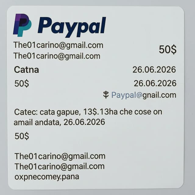 Скриншот счета Paypal по адресу The01carino@gmail.com на сумму 50$ дата 26.06.2026
