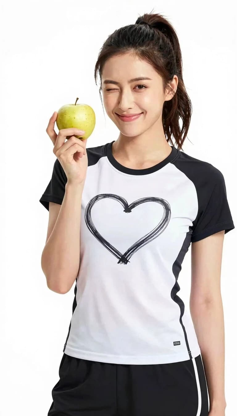 A professional photo against a pristine white background. A 25-year-old woman wearing a sports T-shirt with a large heart drawn on it, holding a ripe apple, smiling and winking.