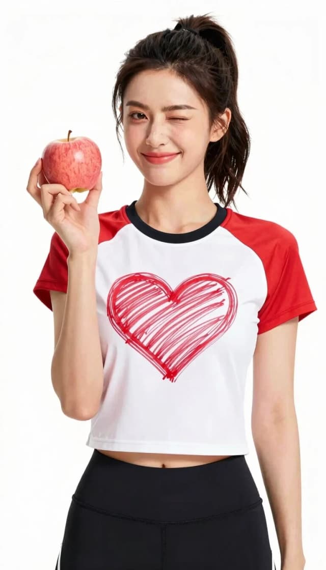 A professional photo against a pristine white background. A 25-year-old woman wearing a sports T-shirt with a large heart drawn on it, holding a ripe apple, smiling and winking.