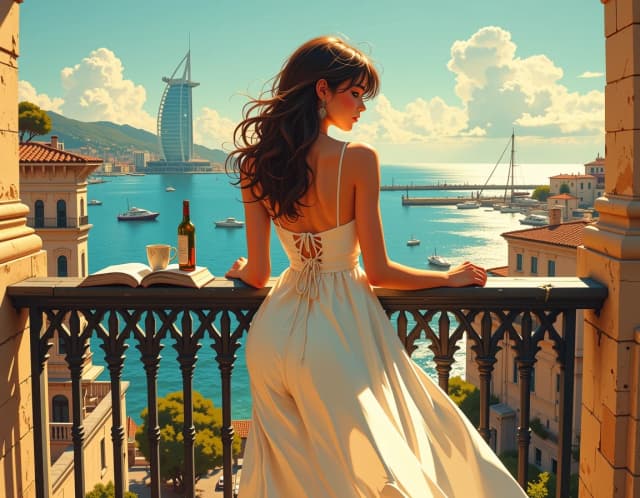 A masterpiece,  in the style of the 1980s, with bold lines, dynamic strokes and rich textures, on background with a touch of nostalgia, perhaps with subtle drawings inspired by cellulose and vintage, worn textures similar to paper, oil painting, A sunlit cinematic scene of a young woman standing on an ornate balcony overlooking a coastal city and a distinctive sail-shaped hotel in the distance, wearing a flowing white spaghetti-strap dress, long sun-kissed hair gently blown by a warm breeze, golden-hour light casting soft rim highlights on her shoulders and hair, warm tones and gentle lens flare. Composition uses rule of thirds with the subject slightly off-center, shallow depth of field (wide aperture, 35mm-equivalent), detailed foreground wrought-iron railing with decorative scrollwork, midground marina and low-rise buildings, and a clear blue sea horizon. Photorealistic digital painting style with delicate painterly brushwork, high detail in skin texture, fabric folds, hair strands, and architectural elements, subtle film grain, soft shadows, warm contrast, dreamy aspirational mood, high-resolution, crisp edges, natural color grading, cinematic bokeh and volumetric light. celshading, simple background