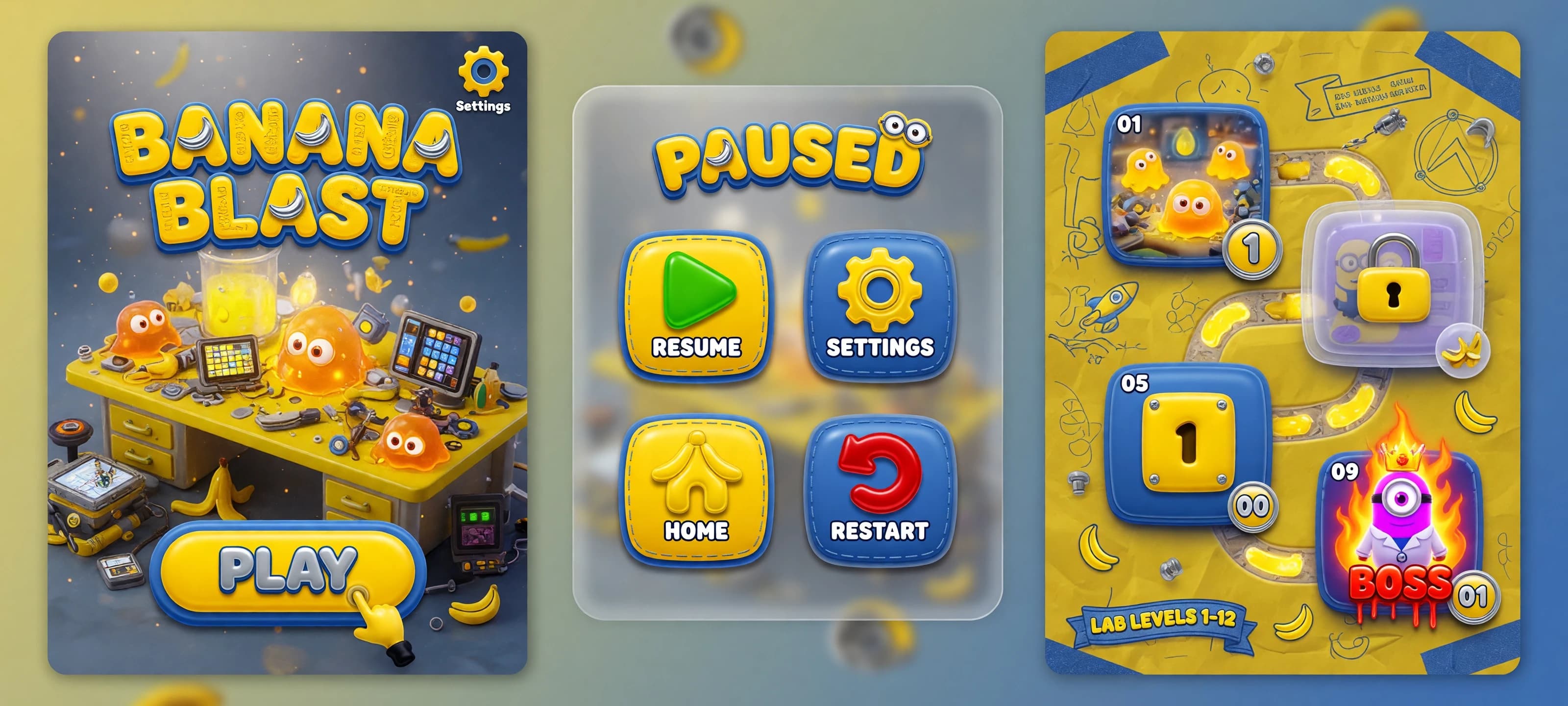 Professional UI/UX kit for a mobile match-3 game, inspired by the chaotic, playful, and whimsical aesthetic of Minions. High-end 3D render style, featuring organic rounded shapes, hyper-glossy textures, and a vibrant color palette of sunny yellow and denim blue. Octane Render, 8k, ray-tracing, Unreal Engine 5 style.

**The kit includes:**

1. **Main Menu Screen:** A dynamic, high-precision 3D isometric view of a cluttered Minion laboratory. The scene is filled with glowing orange-eyed slime blobs, metallic gadgets, and miniature high-tech tablets. The game title is rendered in voluminous, tactile claymorphism with polished chrome inserts. Cinematic lighting with soft global illumination, bright specular highlights, and volumetric dust motes. UI elements: A prominent, glossy "Play" button in the center; a small, sleek "Settings" gear icon in the top right corner.

2. **Pause Menu:** An exquisite glassmorphism overlay with soft, blurred transparency and heavily rounded corners. The interface features tactile, high-gloss buttons designed to look like premium designer toys. Icons for "Play," "Settings," "Home," and "Restart" are rendered with thick, candy-like coatings and realistic subsurface scattering.

3. **Level Selection Map:** A playful, interactive map featuring oversized, numbered 3D tiles. Locked levels are represented by translucent, semi-opaque containers. Boss levels