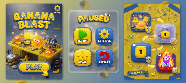 Professional UI/UX kit for a mobile match-3 game, inspired by the chaotic, playful, and whimsical aesthetic of Minions. High-end 3D render style, featuring organic rounded shapes, hyper-glossy textures, and a vibrant color palette of sunny yellow and denim blue. Octane Render, 8k, ray-tracing, Unreal Engine 5 style.

**The kit includes:**

1. **Main Menu Screen:** A dynamic, high-precision 3D isometric view of a cluttered Minion laboratory. The scene is filled with glowing orange-eyed slime blobs, metallic gadgets, and miniature high-tech tablets. The game title is rendered in voluminous, tactile claymorphism with polished chrome inserts. Cinematic lighting with soft global illumination, bright specular highlights, and volumetric dust motes. UI elements: A prominent, glossy "Play" button in the center; a small, sleek "Settings" gear icon in the top right corner.

2. **Pause Menu:** An exquisite glassmorphism overlay with soft, blurred transparency and heavily rounded corners. The interface features tactile, high-gloss buttons designed to look like premium designer toys. Icons for "Play," "Settings," "Home," and "Restart" are rendered with thick, candy-like coatings and realistic subsurface scattering.

3. **Level Selection Map:** A playful, interactive map featuring oversized, numbered 3D tiles. Locked levels are represented by translucent, semi-opaque containers. Boss levels