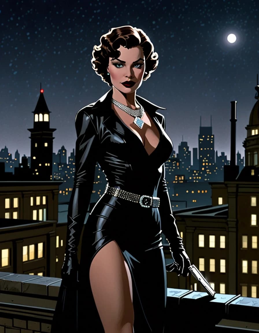 Selina Kyle is leaving the scene of a midnight heist. She stands on the rooftop of an old building, holding a small case containing a stolen diamond necklace. Behind her, an open window of a luxurious museum reveals where she has just escaped from. Police lights flash far below, but Selina remains completely calm. She turns and looks back over her shoulder toward the city. Wind catches her black cape, while moonlight outlines her cat ears and elegant silhouette. A huge full moon hangs above the skyline, surrounded by soft atmospheric mist. The perfect final frame of a film about a midnight hunt, freedom and independence. Cinematic photorealism, film noir atmosphere, dramatic moonlight, wet surfaces, highly detailed, vertical movie poster.