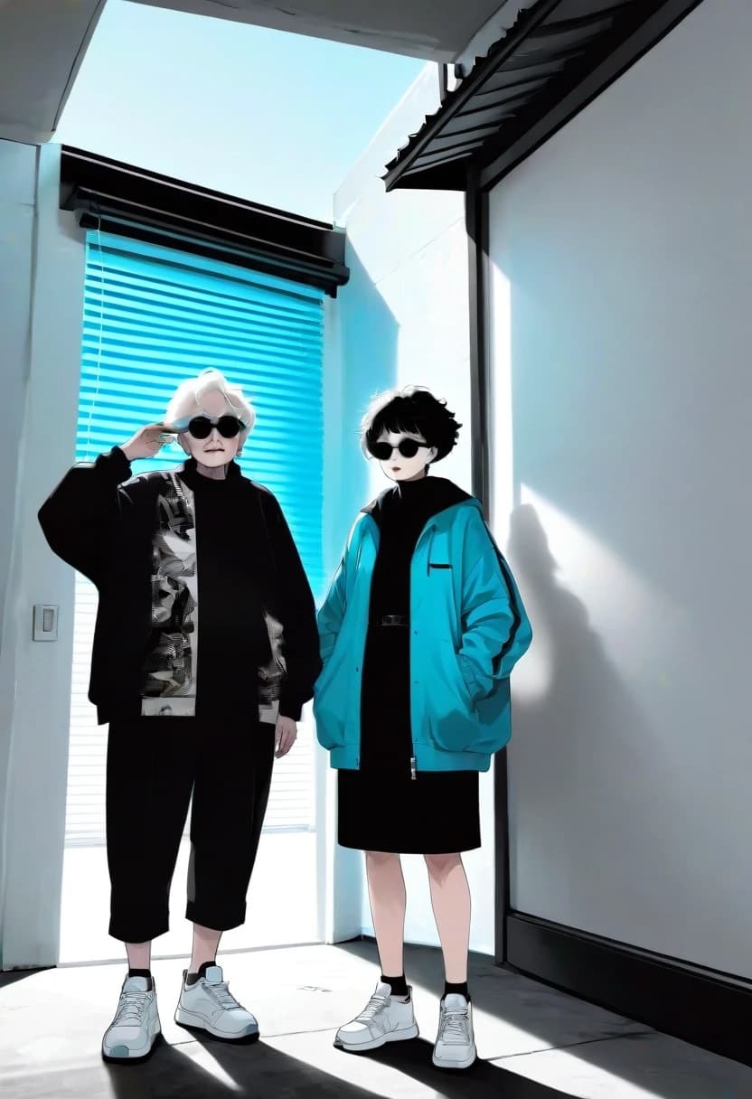 Aesthetics, provocation, photorealism, oversized techno fashion, silhouettes of cool fashionable grandmothers, the real tallest and oldest crazy dad-fashion designer with a model appearance, blinds on garage doors, monochrome, black and turquoise neon, unusual angle, heavy white sneakers, giant fashionable glasses