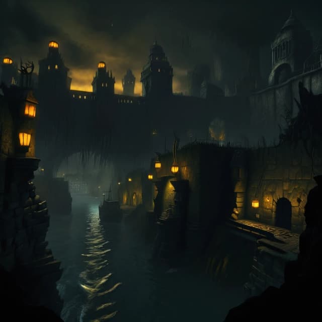 A view from the sea of a gloomy fantasy port in a dark fantasy setting. Stone walls enclose the city; beyond the city lies a gloomy forest; yellowish lanterns are burning in the port.