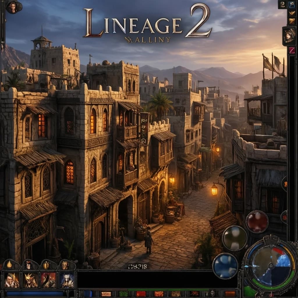 The city of Aden from the game Lineage 2, evening, warm light from the windows.
