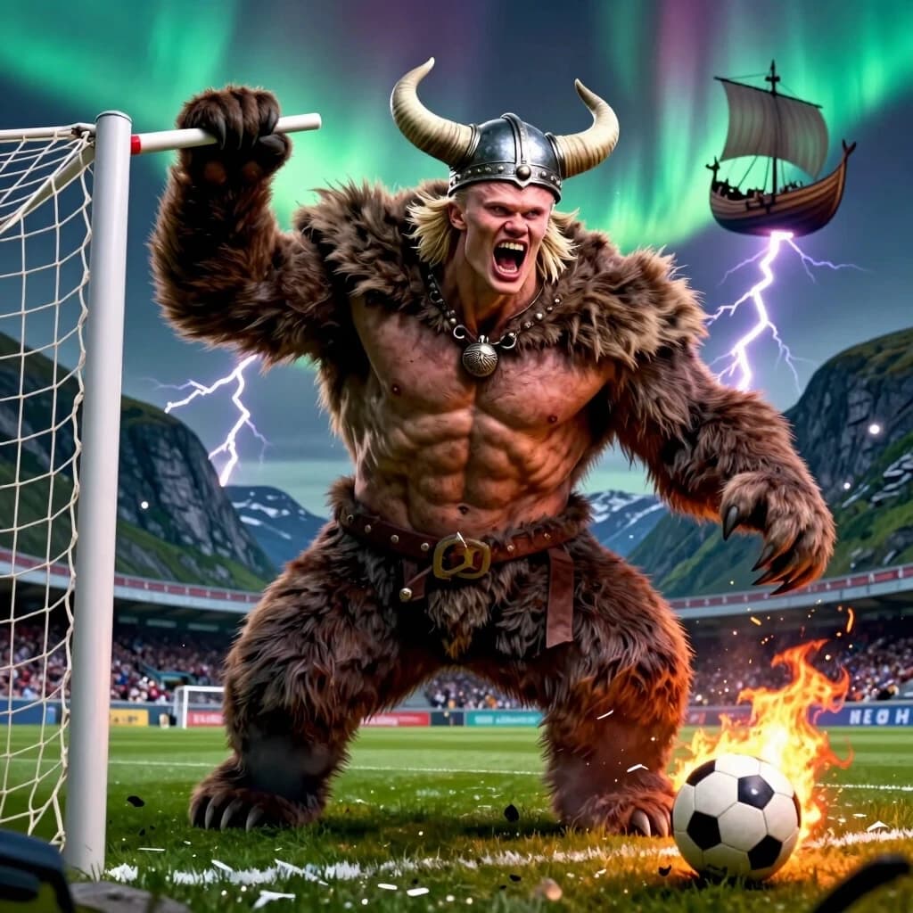 Hyper-exaggerated, grotesque caricature of Erling Haaland, instantly recognizable by his towering frame, fierce blond mane, and aggressive goal-scoring stance. His body is a grotesque fusion of human, bear, and Viking — massive bear paws instead of feet, a thick fur coat covering his torso, and a horned helmet made of actual horns. His face is contorted in a roar that shakes the stadium, and his arms are so long they drag on the ground. He holds the goalpost in one hand as if it were a toothpick, and the ball at his feet is smoking from the sheer power of his shot. The net is torn to shreds behind him, and in the distance, a Viking longship sails through the air. The background is a Norwegian fjord with lightning bolts and aurora borealis. Rough, feral, majestic, hyper-detailed, grotesque, 9:16 vertical. No text.