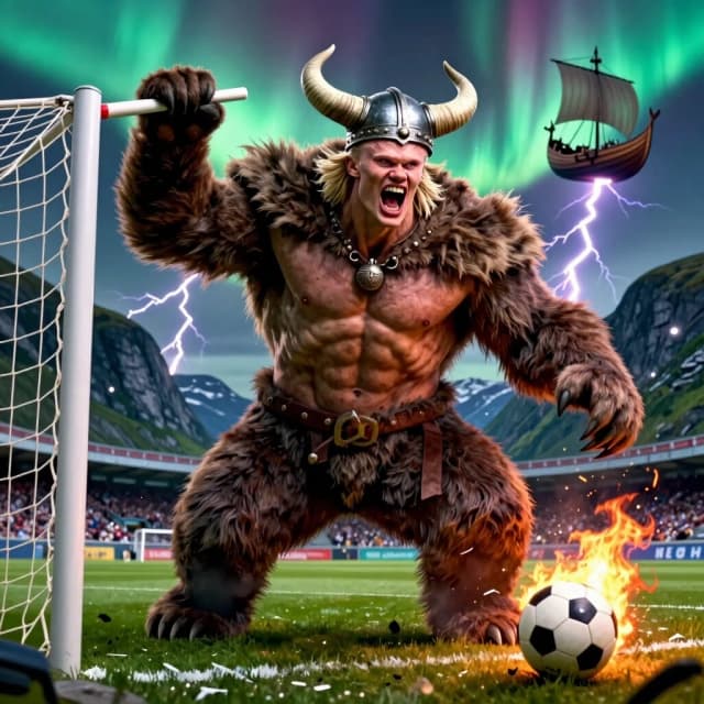 Hyper-exaggerated, grotesque caricature of Erling Haaland, instantly recognizable by his towering frame, fierce blond mane, and aggressive goal-scoring stance. His body is a grotesque fusion of human, bear, and Viking — massive bear paws instead of feet, a thick fur coat covering his torso, and a horned helmet made of actual horns. His face is contorted in a roar that shakes the stadium, and his arms are so long they drag on the ground. He holds the goalpost in one hand as if it were a toothpick, and the ball at his feet is smoking from the sheer power of his shot. The net is torn to shreds behind him, and in the distance, a Viking longship sails through the air. The background is a Norwegian fjord with lightning bolts and aurora borealis. Rough, feral, majestic, hyper-detailed, grotesque, 9:16 vertical. No text.