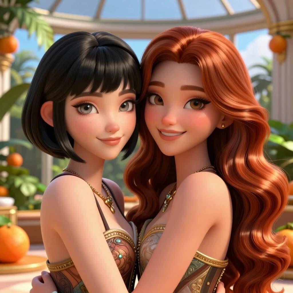 Шедевр цифровой графики, детальный 3D-рендер в стиле Unreal Engine 5. Две невероятно красивые, утонченные молодые женщины с изящными фарфоровыми лицами и безупречным макияжем. Большие, глубокие, детализированные живые глаза с реалистичными стеклянными бликами, тонкие аккуратные губы и точеные носики. Слева: женщина с доброй улыбкой и элегантной короткой объемной прической каре, черные волосы. Справа: девушка с лучезарной радостной улыбкой, роскошные длинные волнистые каштановые волосы лежат густыми прядями. Они нежно обнимаются. На них надета изысканная, дорогая кутюрная одежда из сложной текстурной ткани высокого качества. На фоне — роскошная залитая солнцем оранжерея, сочная тропическая зелень, мягкий золотой свет, кинематографичное освещение, глубина резкости, фотореализм