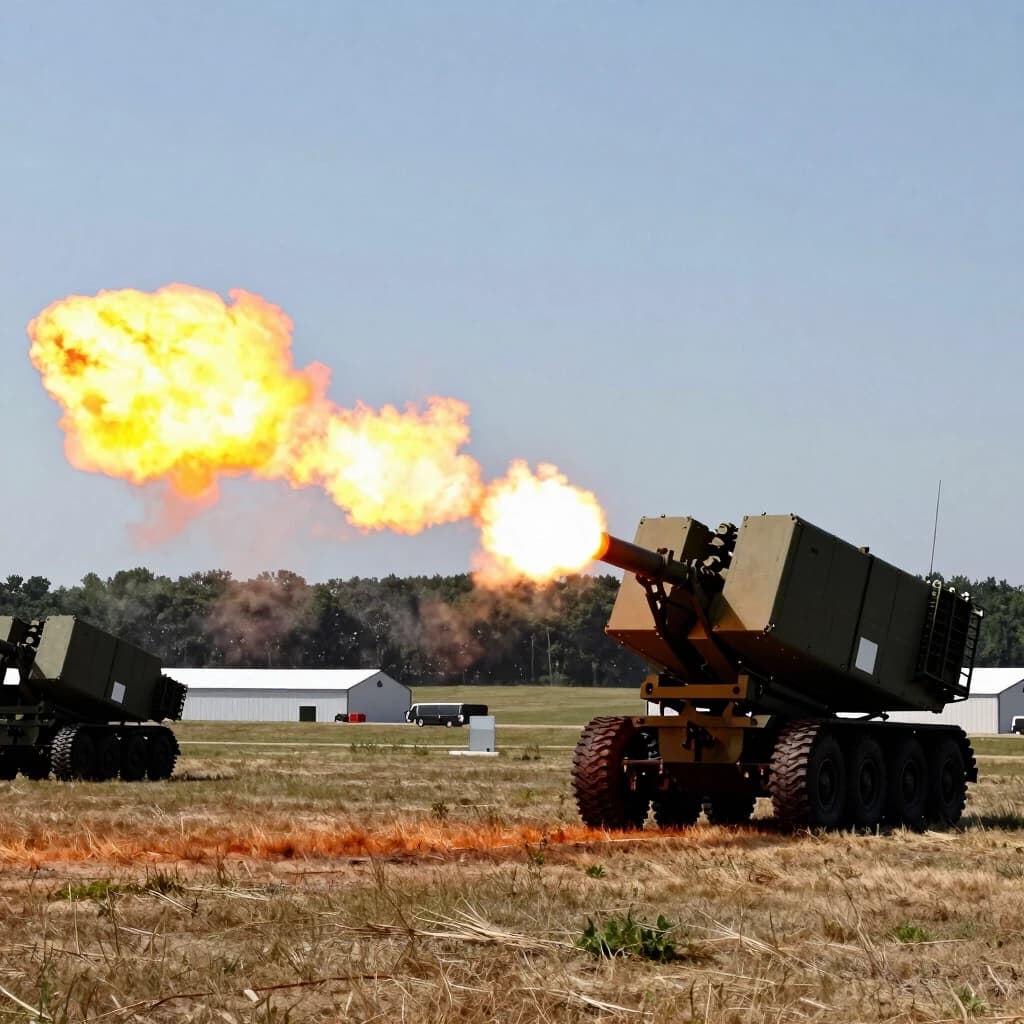 American HIMARS standing in a field in summer are firing