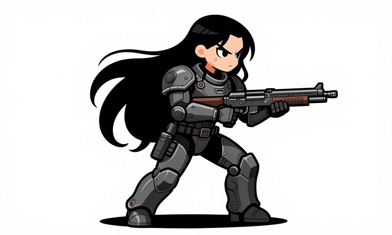 Side view. Side view. Chibi. Drawn. Flat drawing, comic book style, grotesque, thick black outline, very deep black shadows, in the style of the game "Darkest Dungeon." Futuristic. A female soldier in heavy, giant mechanical armor, with long, lush black hair, holding a long, double-barreled submachine gun, in a combat pose.