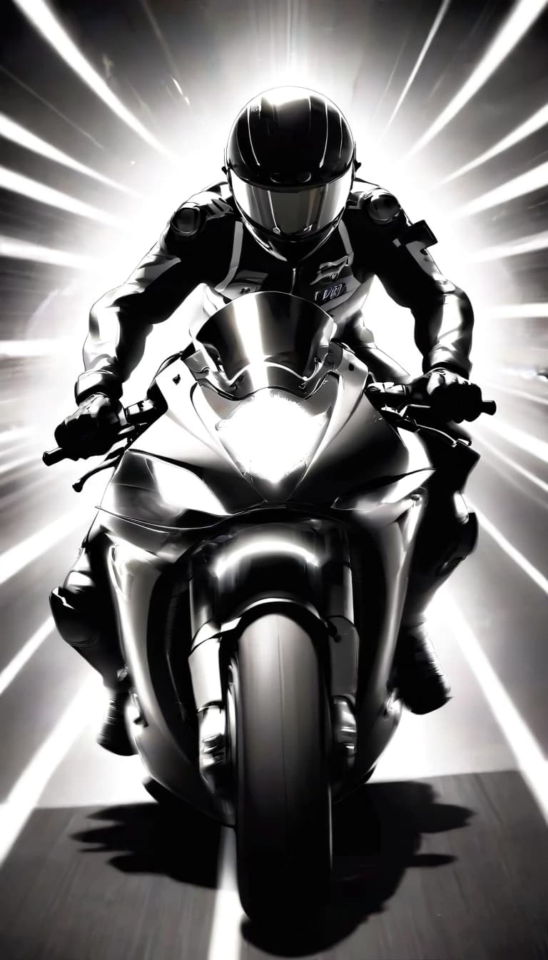 A striking black-and-white, high-speed shot of a motorcyclist on a racetrack; superimposed at the top of the frame is a large, glowing speedometer showing ascending increments—20, 40, 60, 80, 100, 120, 140, 160—with the needle pushed past the 160 mark. The motorcycle features a sleek, modern design, and the rider is clad in a full leather suit and helmet. A blurred background of trees and a cloudy sky accentuates the sense of motion and speed. The image’s overall aesthetic—rugged and dynamic—captures the raw thrill of extreme-speed riding.