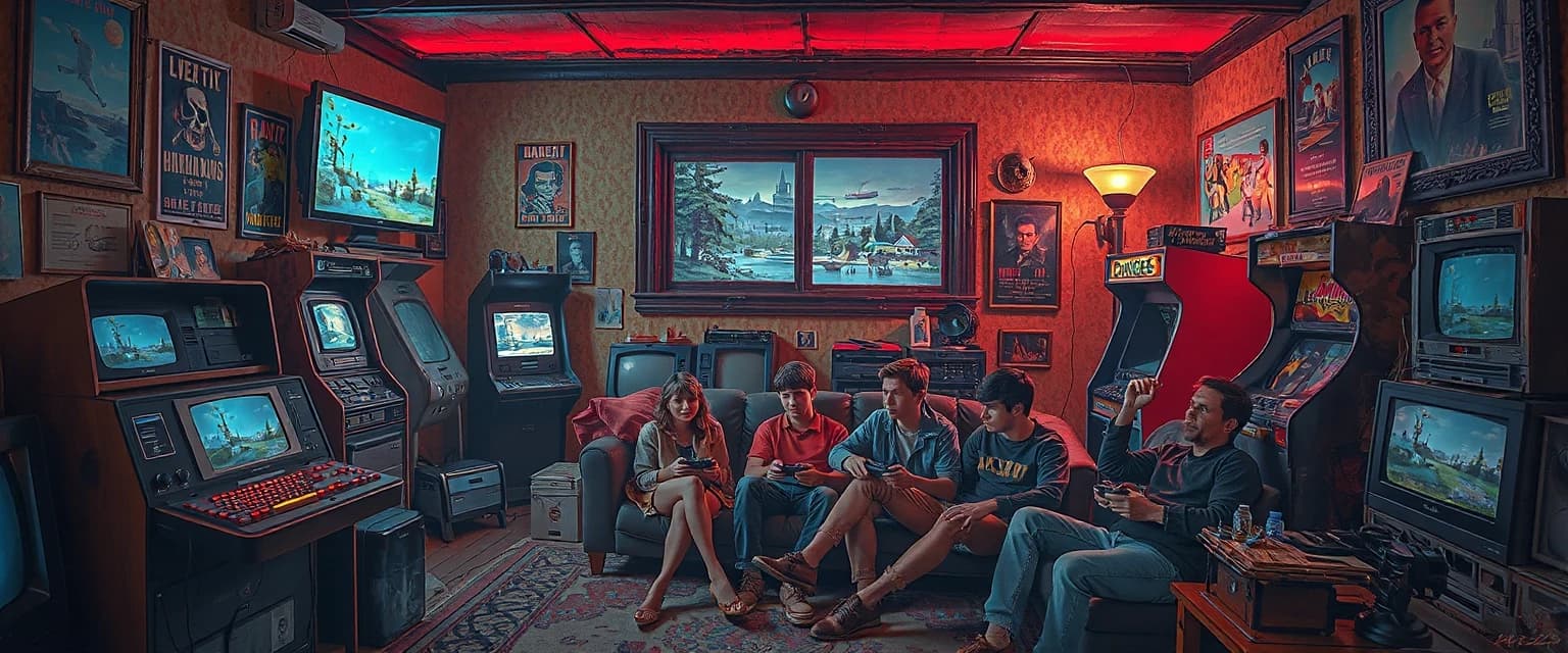 A cozy and vibrant wide illustration of a group of friends gaming together on a couch, surrounded by retro consoles, arcade machines, posters, and glowing monitors. Warm ambient room lighting with soft neon accents, dynamic reflections, feeling of nostalgia, brotherhood, and fun, semi-realistic stylized digital art, detailed background, 8k --ar 16:9