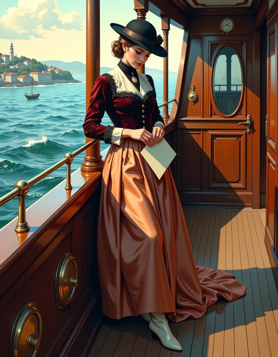 A masterpiece,  in the style of the 1980s, with bold lines, dynamic strokes and rich textures, on background with a touch of nostalgia, perhaps with subtle drawings inspired by cellulose and vintage, worn textures similar to paper, oil painting, Photorealistic cinematic portrait of a refined Victorian woman standing full-length on the polished wooden deck of a luxurious late-19th-century yacht at sea during golden hour. She wears a deep burgundy velvet bodice with intricate black lace trim, high ivory lace collar with a small cameo brooch, a glossy copper-satin bustle skirt, cream leather buttoned boots and an elegant black felt hat with ribbon; she holds an unfolded letter in both hands, eyes cast down, serene and slightly melancholic expression. Rich warm rim and soft side lighting, subtle filmic grain, high-resolution texture detail on fabric, wood grain, brass railings and hammered portholes. Composition: vertical portrait, figure slightly off-center, leading lines of brass balustrade and deck planks toward a distant coastal town under a soft pastel sky. Emphasize authentic period costume tailoring, ornate wooden cabin door with polished brass handle, antique deck clock and weather vane, reflective highlights, natural ocean motion, muted cinematic color grading with teal sea and warm copper accents, shallow depth of field, high dynamic range, ultra-detailed, atmospheric mood.