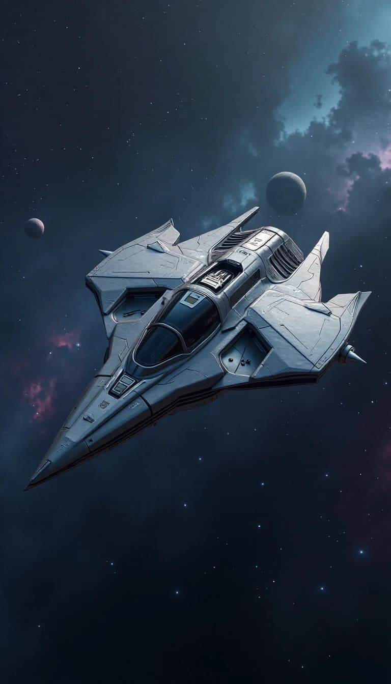 Isometric ¾ view of a sleek, predatory, sculptural sci‑fi spacecraft. Seamless aerodynamic hull with sharp outward‑swept wing structures, wide frontal glass canopy, exposed internal mechanical components in the central body. Dark matte grey base with polished silver‑white segmented armor panels integrated into the main hull. Smooth metallic finish, minimalistic surface details with clear seam lines between the armored sections. Clean, sharp geometry, aggressive stance, elegant and futuristic design. Set against an atmospheric deep space background: rich dark blue and violet nebula, soft volumetric lighting, distant planets with rings, and scattered stars. The ship appears small in the frame, floating gracefully in deep cosmic space. Cinematic, high contrast, photorealistic textures, 8k